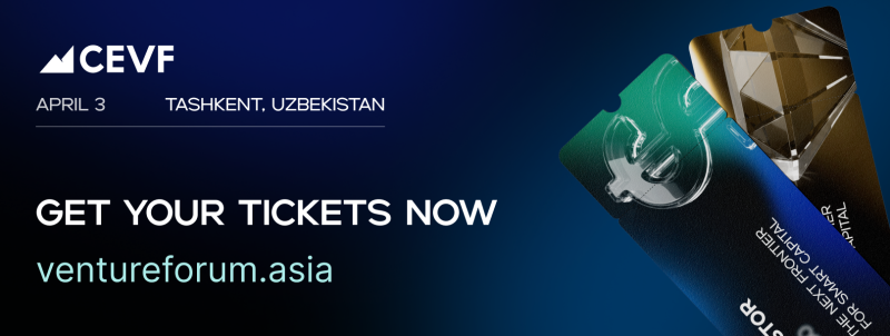 The image is an advertisement for CEVF on April 3 in Tashkent, Uzbekistan, inviting people to get tickets at ventureforum.asia. There are two tickets shown: one with a pound symbol and the other with a 3D diamond shape, labeled 'Investor: The Next Frontier for Smart Capital'.