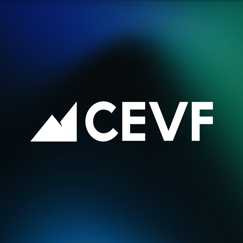 The image features the text "CEVF" in white, with a stylized mountain graphic to the left, set against a blurred background gradient of dark blue, black, and green.