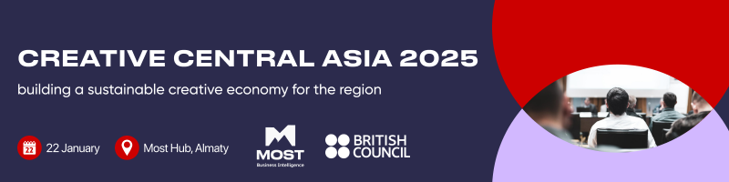 Promotional banner for Creative Central Asia 2025, with the tagline 'building a sustainable creative economy for the region,' featuring event details like the date '22 January' and location 'Most Hub, Almaty,' along with logos for 'MOST Business Intelligence' and the 'British Council'.