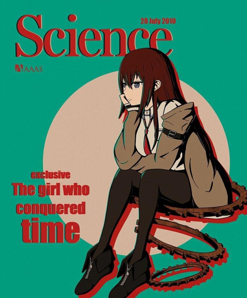 An anime-style magazine cover titled "Science" and dated July 28, 2010, features a girl sitting on interconnected gears with the text "exclusive The girl who conquered time."
