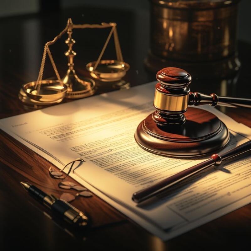 A gavel, a pen, glasses, and a scale are on top of a document.