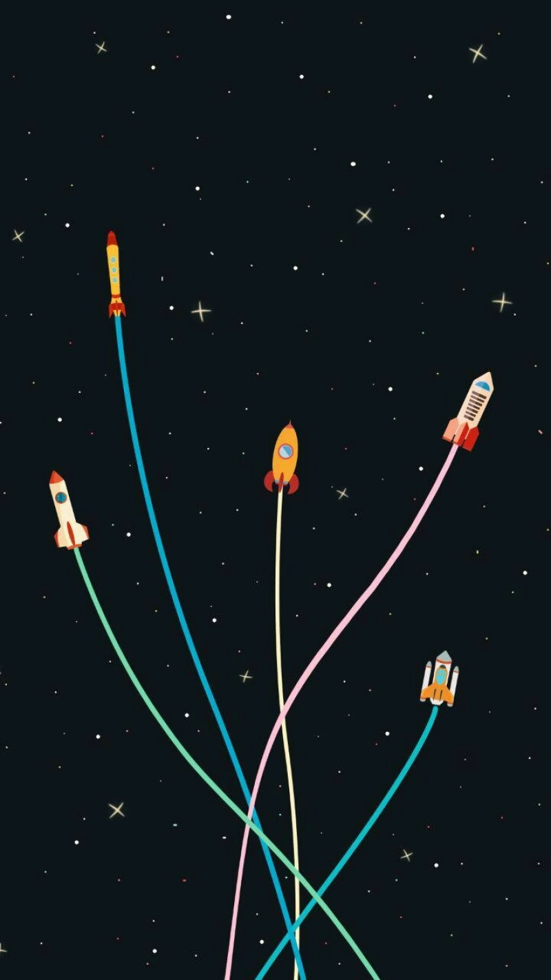 The image shows five colorful cartoon rockets flying through space with trails of different colors against a dark background speckled with stars.