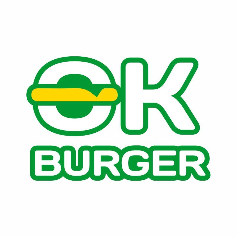 На изображении логотип "OK BURGER", выполненный в зеленых и желтых тонах. Буква "O" выполнена в форме бургера с желтой полосой, а буква "K" отделена. Слово "BURGER" написано зеленым цветом под надписью "OK".