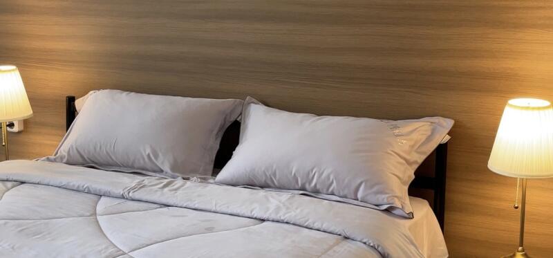 A bed with two pillows and a comforter is flanked by two lamps on bedside tables against a wooden wall.