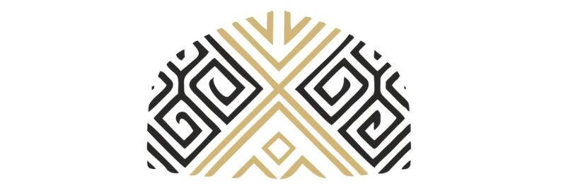 The image shows a semi-circular design with black and gold geometric patterns.