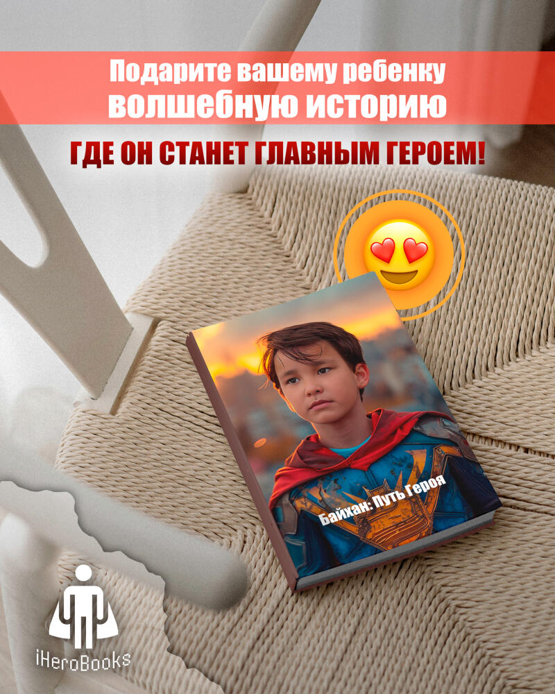 A book titled 'Baykhan: The Path of a Hero' featuring a boy in a superhero costume lies on a woven chair, alongside the text 'Give your child a magical story where he becomes the main hero!' and the iHeroBooks logo.