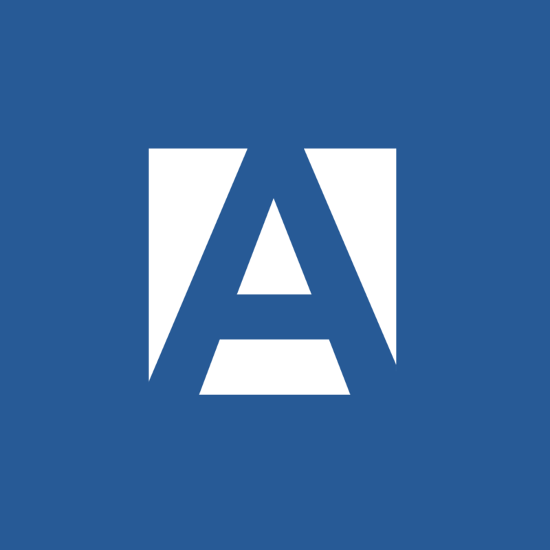 A white letter 'A' is encased in a white square against a blue background.
