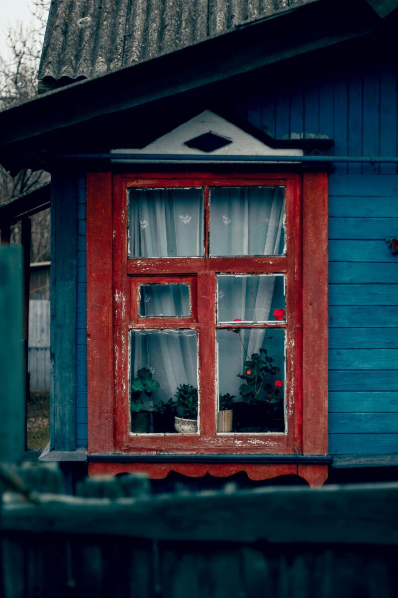 A close-up shows a blue wooden house with a red window frame; plants are visible through the window.