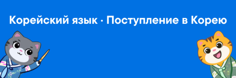 The image shows a blue background with the text "Корейский язык • Поступление в Корею" (Korean language • Admission to Korea) and cartoon illustrations of a cat and a tiger wearing traditional Korean clothing.