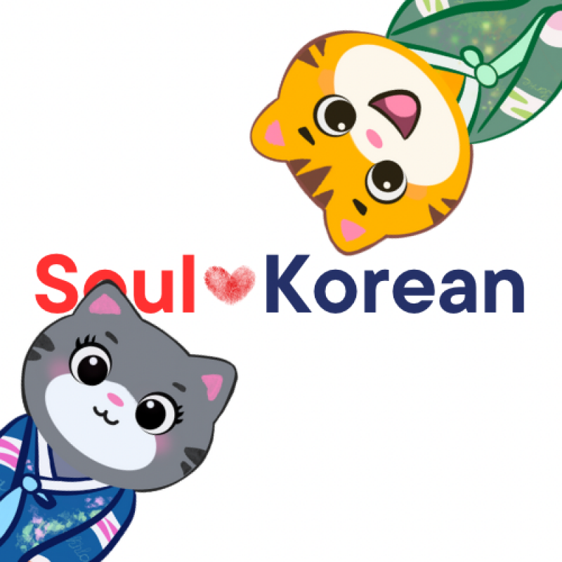The image features the text "Soul Korean" with a heart symbol, accompanied by cartoon-style animals wearing traditional Korean clothing.
