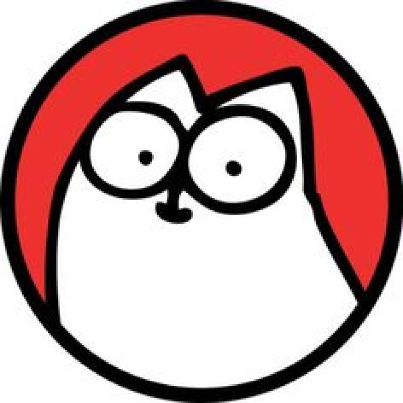 A white cartoon cat face with big eyes and a red arc above the head, set within a black circle.