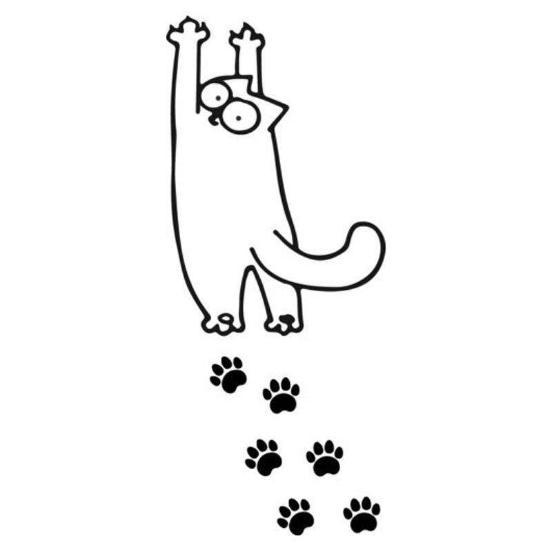 The image shows a cartoon-style drawing of a cat hanging with its paws up, followed by a trail of paw prints.