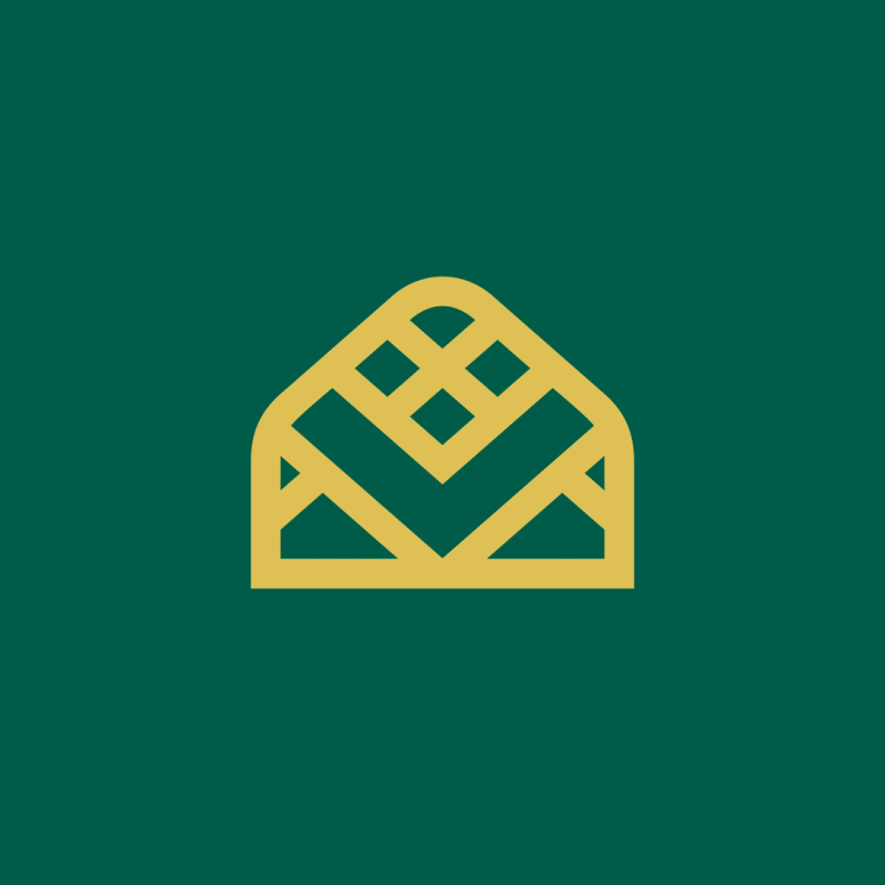 An abstract golden outline of a house with a grid pattern on top and a V-shaped pattern below, set against a solid green background.