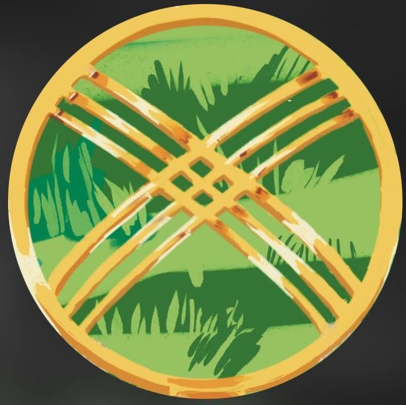 The image is a round badge with a yellow border, featuring a green grassy field design and a light yellow lattice pattern overlaying the field.