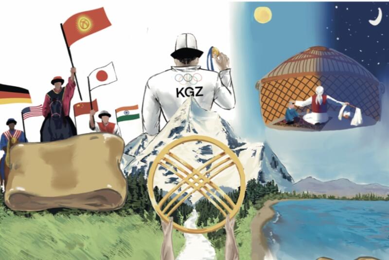 The image shows a collage with various symbolic elements: flags of different countries, a rider on horseback holding the flag of Kyrgyzstan, an athlete with a medal wearing a jacket with 'KGZ' on it, a yurt with people inside, and a body of water with a sandy beach.
