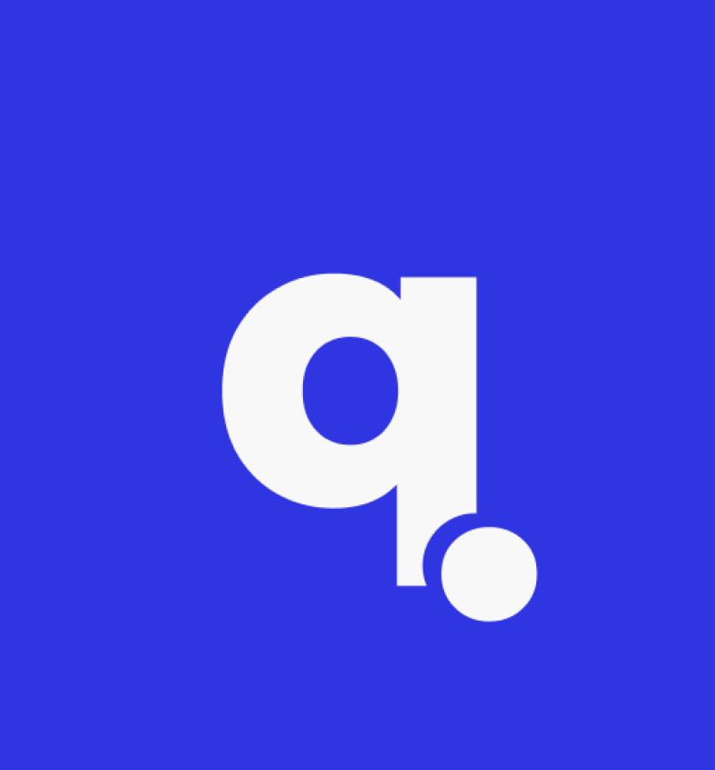 The image features a stylized white lowercase 'q' with a small circle below it, set against a solid blue background.