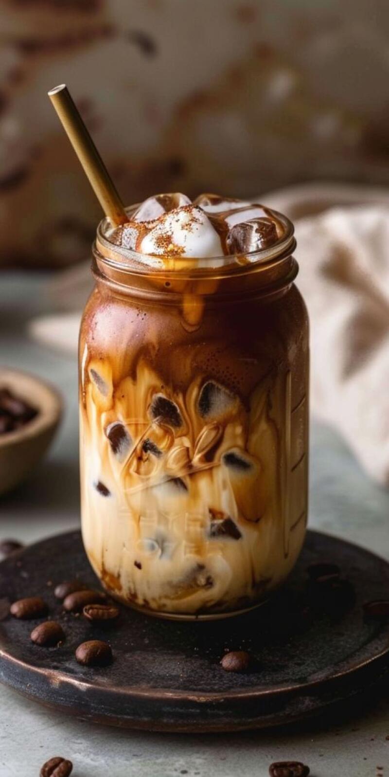 Iced coffee with ice cubes and marshmallows in a glass jar with a straw, sitting on a dark plate with coffee beans scattered around.