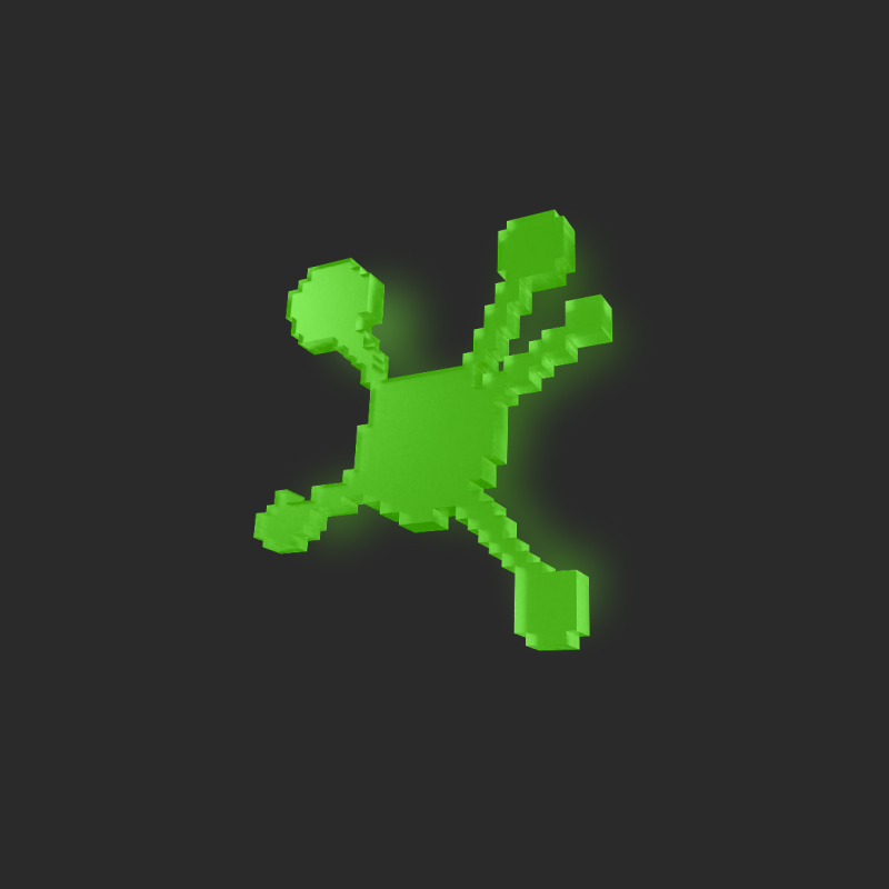 A pixelated green object with four arms, reminiscent of a stylized molecular structure, floats against a dark gray background.