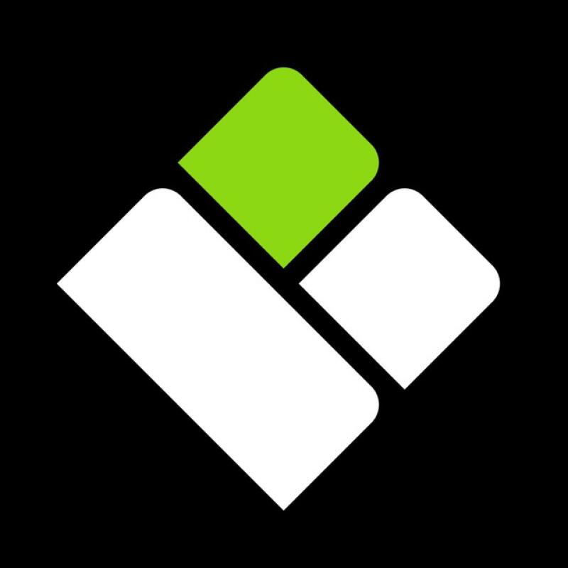 The image features a logo consisting of two white parallelogram shapes and a green square on a black background.