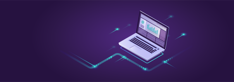 Isometric illustration of a laptop with a chart on the screen, surrounded by teal lines and dots on a purple background.