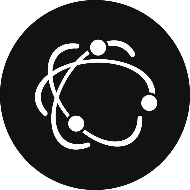 A black circle contains a white atom symbol with three electrons orbiting the nucleus.