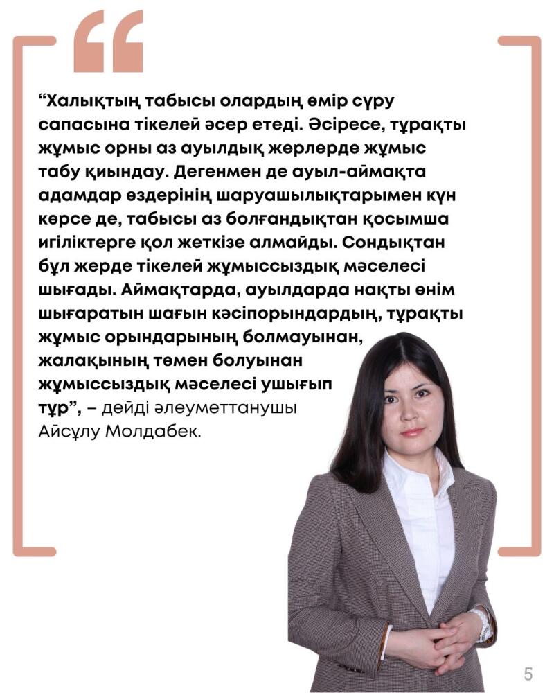 The image features a woman in a blazer next to a quote in Kazakh from sociologist Aisulu Moldabek, discussing the impact of income on living standards and the problem of unemployment in rural areas.