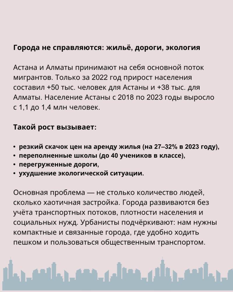 The image contains text discussing urban issues such as housing, roads, and ecology, focusing on population growth in Astana and Almaty and its consequences like rising rent prices and overcrowded schools.