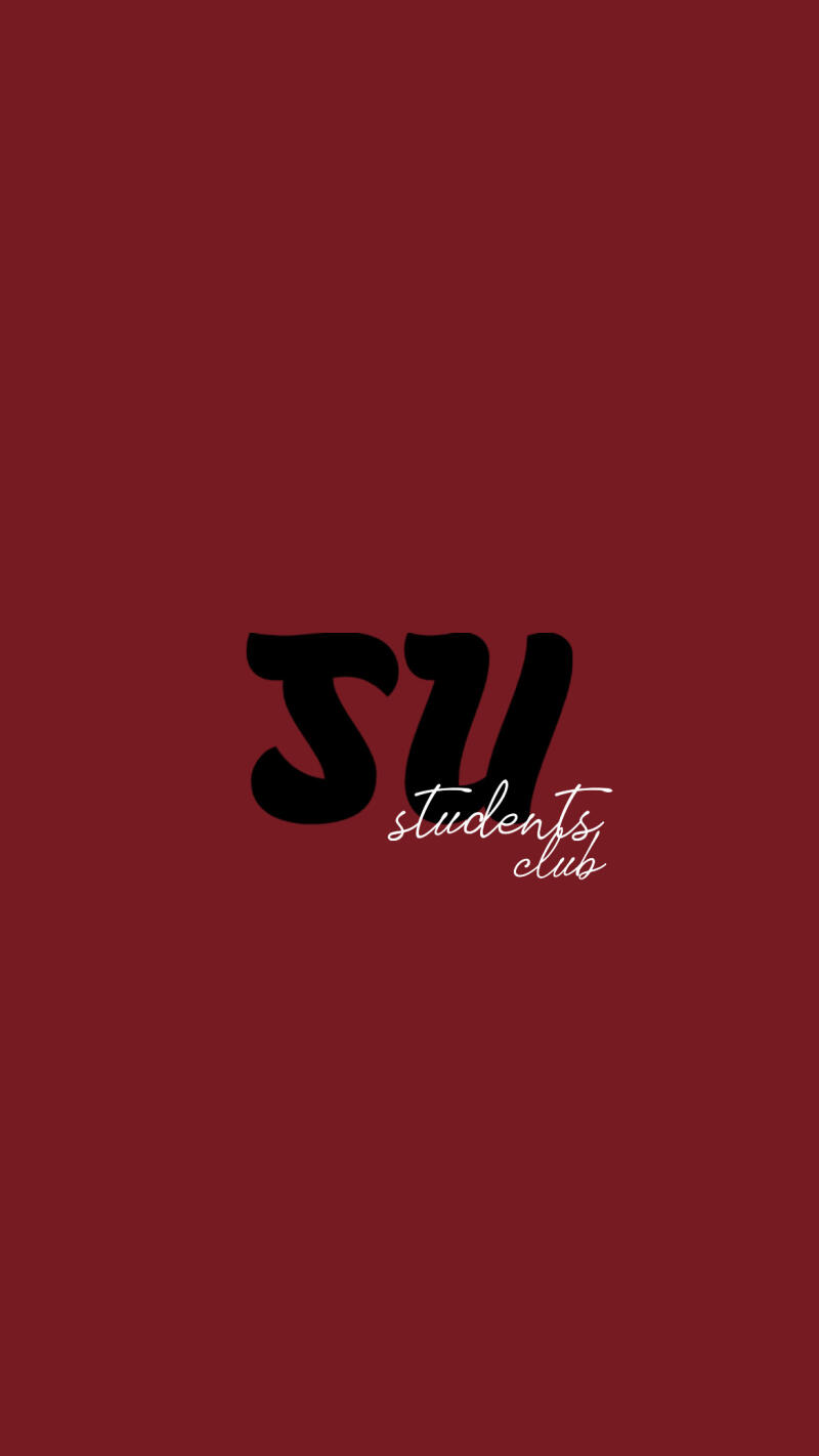 The image features the text "SU students club" in white cursive font, with "SU" in bold, black font, set against a solid maroon background.