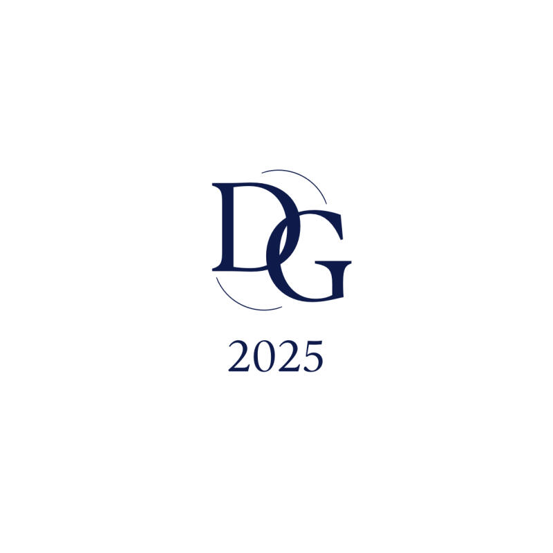The image features a blue-colored logo with the letters 'DG' intertwined, underscored by a curved line, and the year '2025' beneath it, all set against a white background.