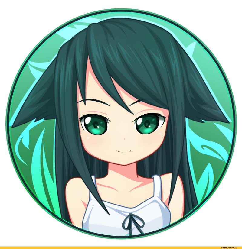 A digital art image features an anime-style girl with pointy ears in a circular frame with a green background. She has straight, dark teal hair, bright green eyes, and is wearing a white top with a black tie.