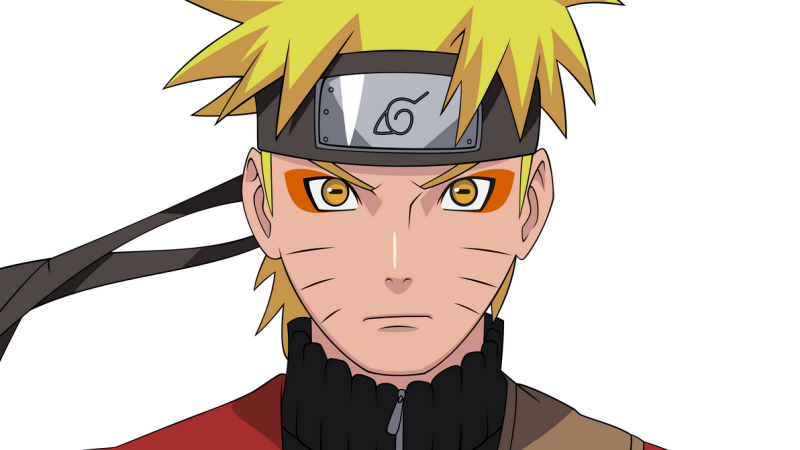 A close-up shot of Naruto Uzumaki shows him with blonde spiky hair, orange eyes, and whisker-like marks on his cheeks; he wears a black headband with a metal plate bearing a leaf symbol.