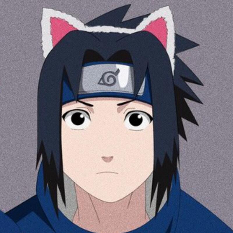 An anime-style image shows a person with dark hair, fair skin, and black eyes wearing a headband with a symbol on it and pink and white cat ears.