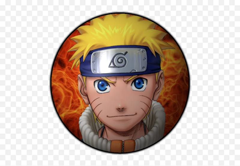 A round icon features a cartoon-style image of Naruto with yellow hair and a blue headband with a silver emblem on it, set against a fiery background.