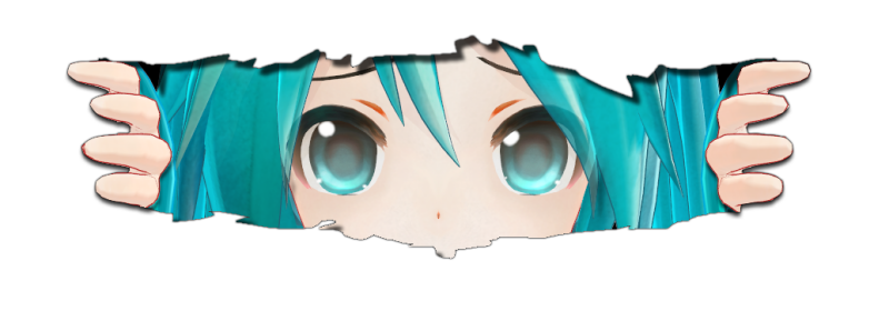 An anime-styled character with blue hair and big eyes peers over a black, torn edge, with hands gripping the edges.