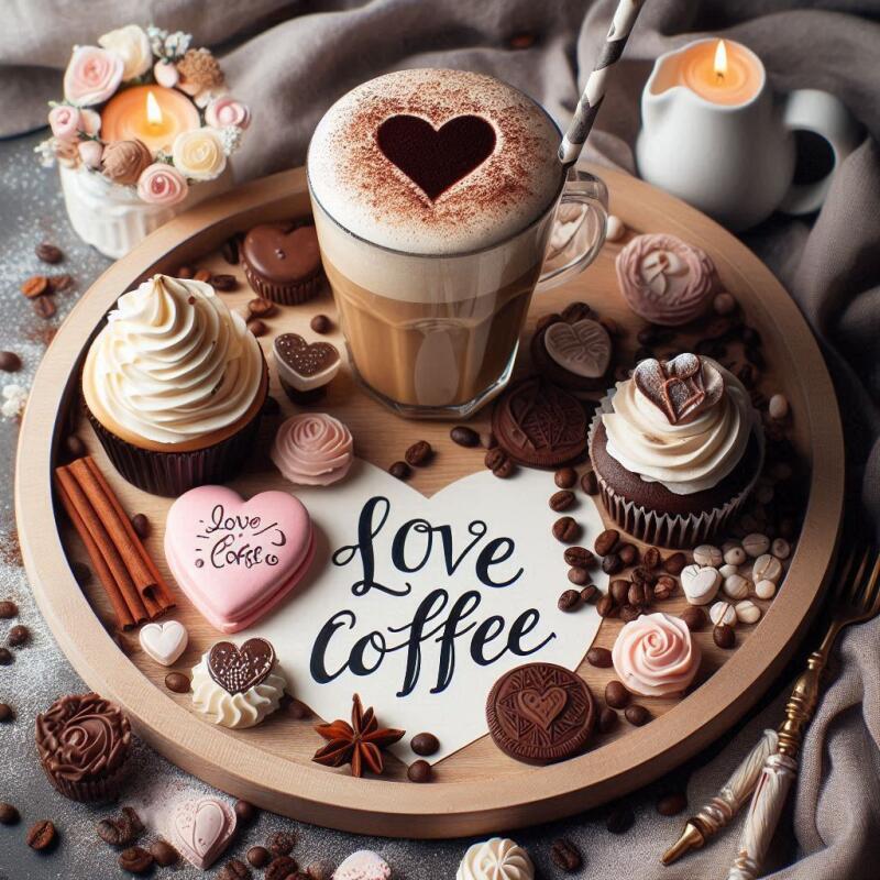 A wooden tray holds a latte with a heart design, cupcakes, candies, and a heart-shaped card that reads "Love Coffee".