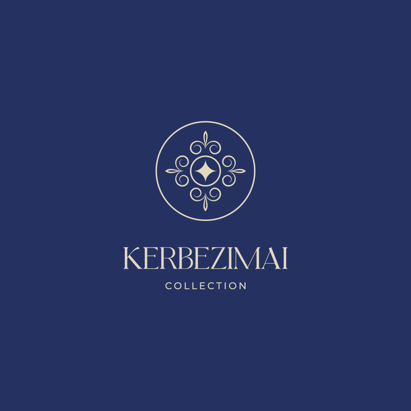 The image features a logo with a decorative circle containing a star-like design, above the text "KERBEZIMAI COLLECTION" in a serif typeface, all set against a dark blue background.