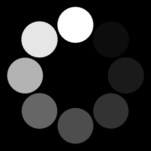 The image shows a circular loading icon composed of eight circles ranging in shades from white to black against a black background.