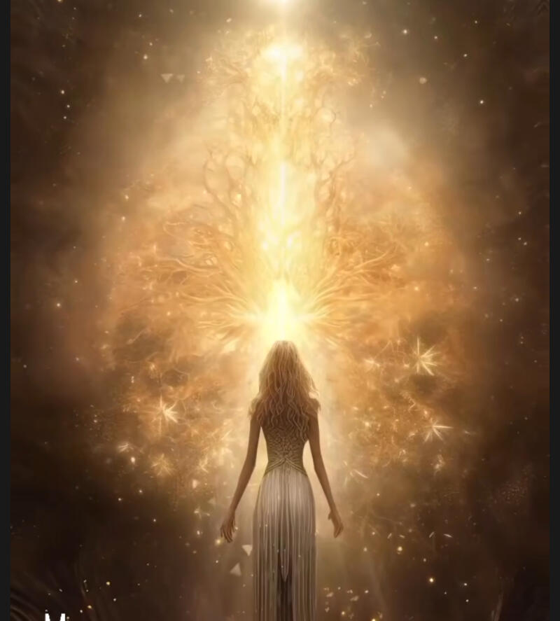 A woman with long blonde hair stands in a long white dress with her arms out looking up at a large, bright light in the sky.