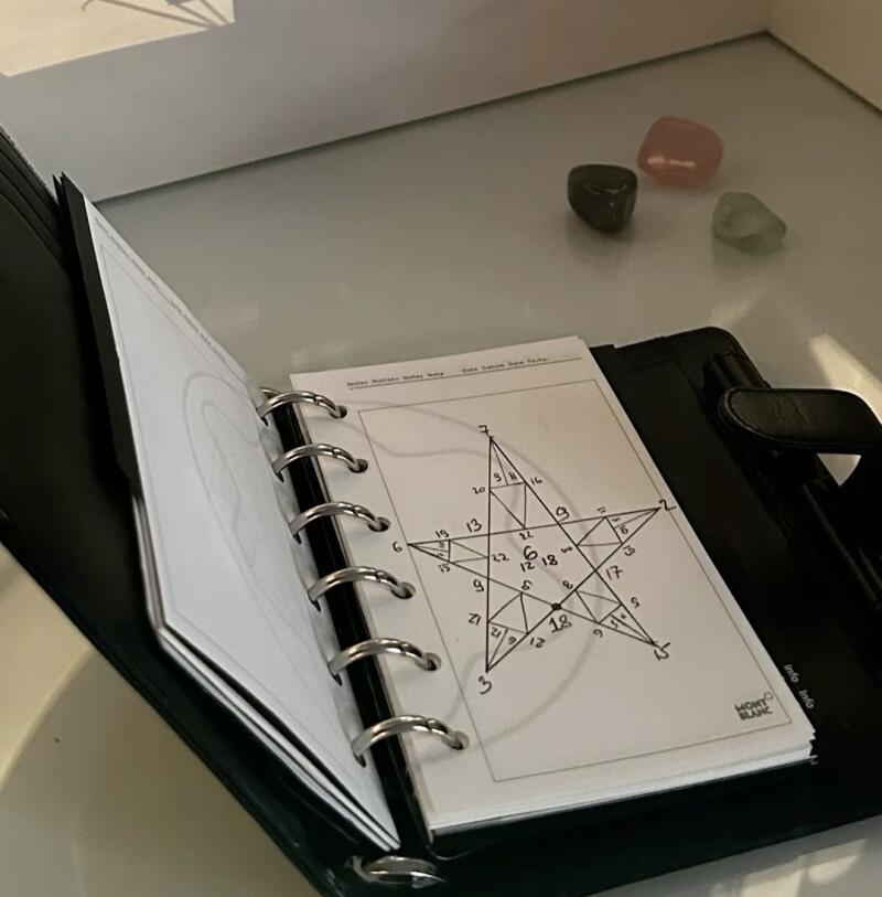 The image shows a black binder with a page containing a hand-drawn star figure filled with numbers and lines, along with the 'MONTBLANC' logo; three small stones of different colors are present in the background.