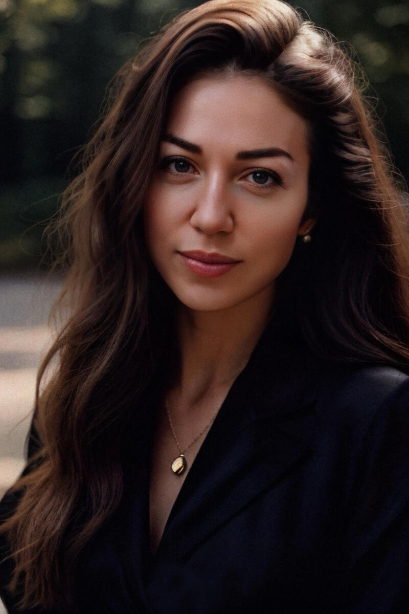 A woman with long wavy brown hair and blue eyes is wearing a black jacket and a gold necklace.