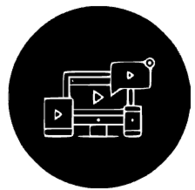 The image features a white line drawing of digital devices including a monitor, tablet, and mobile phone, all displaying the play symbol within a black circle.