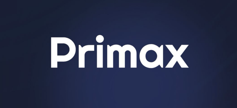 The image features the word "Primax" in bold, white letters against a dark blue background.