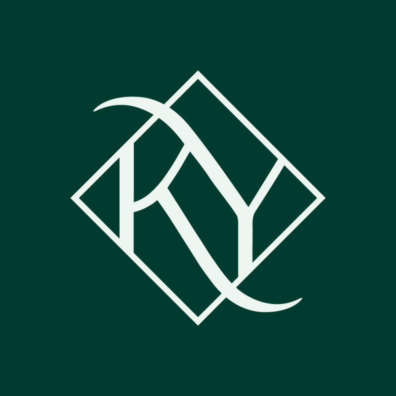 A white graphic logo featuring stylized letters 'KY' within a white diamond shape against a dark green background.