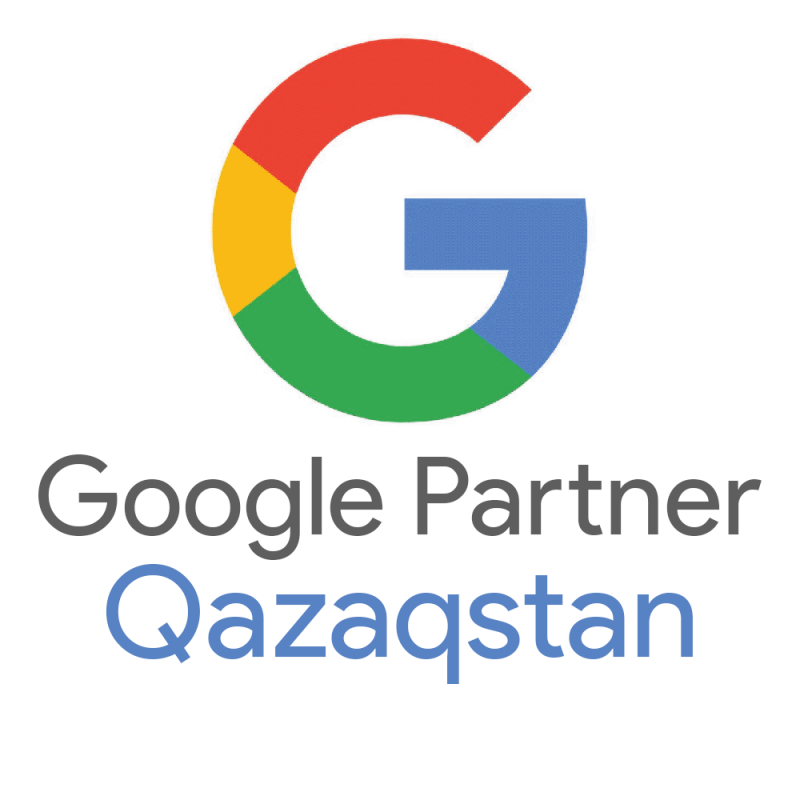The image displays the Google Partner Kazakhstan logo, featuring a stylized 'G' in Google's signature colors (red, yellow, green, and blue) above the text 'Google Partner' in gray and 'Qazaqstan' in blue.