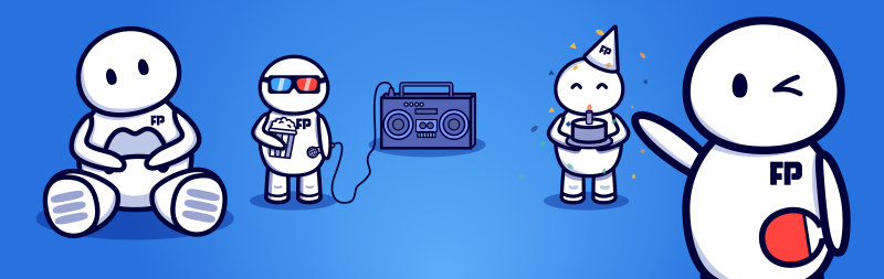 The image displays four white cartoon characters with black outlines on a blue background; each character has the letters "FP" on their torso, and each character is engaged in a different activity: playing video games, watching a movie, listening to music, and celebrating a birthday.