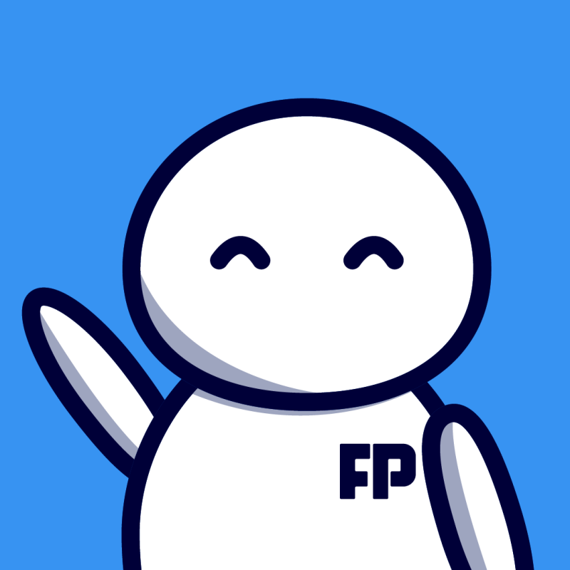 A cartoon-style white figure with a blue outline is waving, featuring curved lines for eyes and the text "FP" on its body against a blue background.