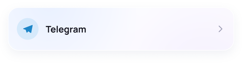 A white rounded rectangle contains a light blue circle with a dark blue paper plane icon, the text 'Telegram', and a gray right arrow icon on the right.