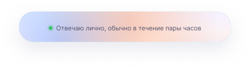 A rounded banner with a light blue to orange gradient background, featuring a green dot and the text "Отвечаю лично, обычно в течение пары часов" (I respond personally, usually within a couple of hours) in dark grey.
