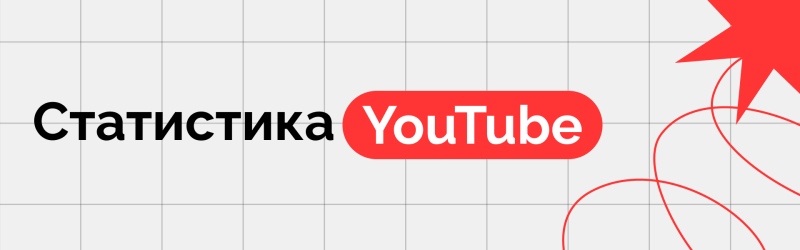 The image shows the word "Статистика" in black next to the word "YouTube" in white on a red rounded rectangle, with a red starburst design and curved lines on a gray background with grid lines.