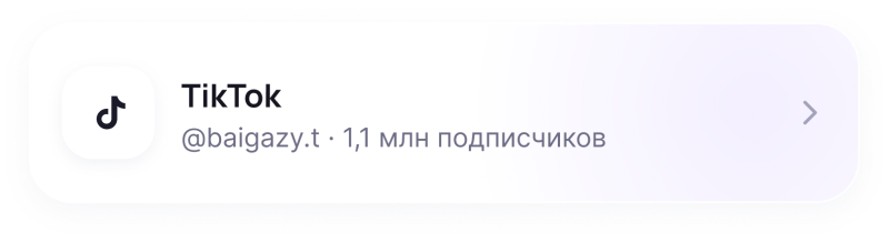A light gray card with a TikTok logo, displaying the text "TikTok", "@baigazy.t", and "1,1 млн подписчиков" (1.1 million subscribers), with a right-pointing arrow on the far right.